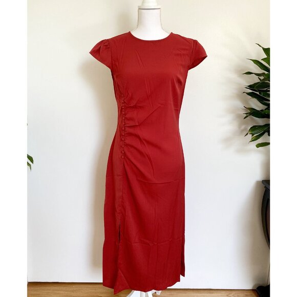 🌶️ NWT - Solid Ruched Side Split Midi Dress - Hot Red 🌶️ - Picture 5 of 13